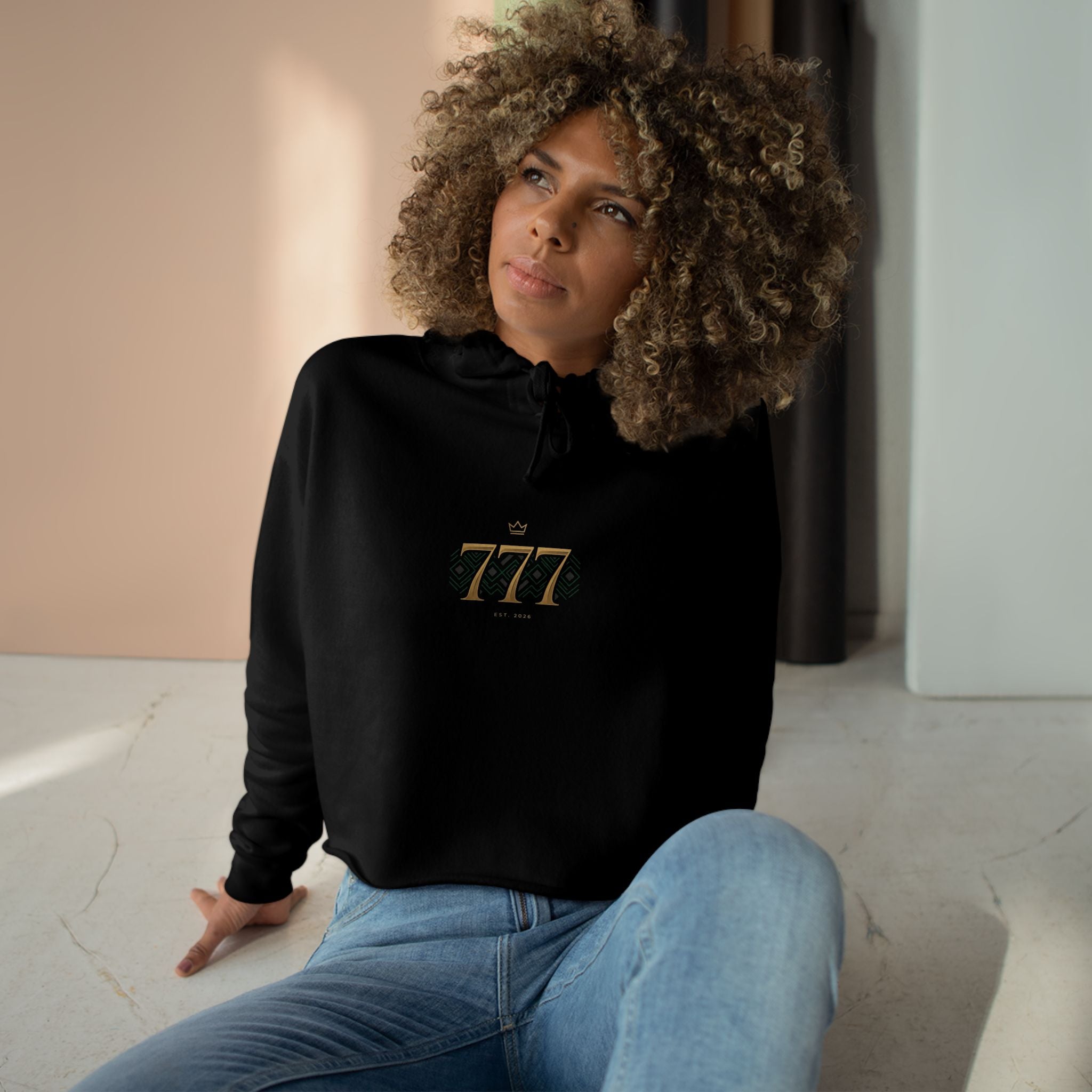 Lucky 777 Cropped Hoodie — Minimal Gold Number Graphic