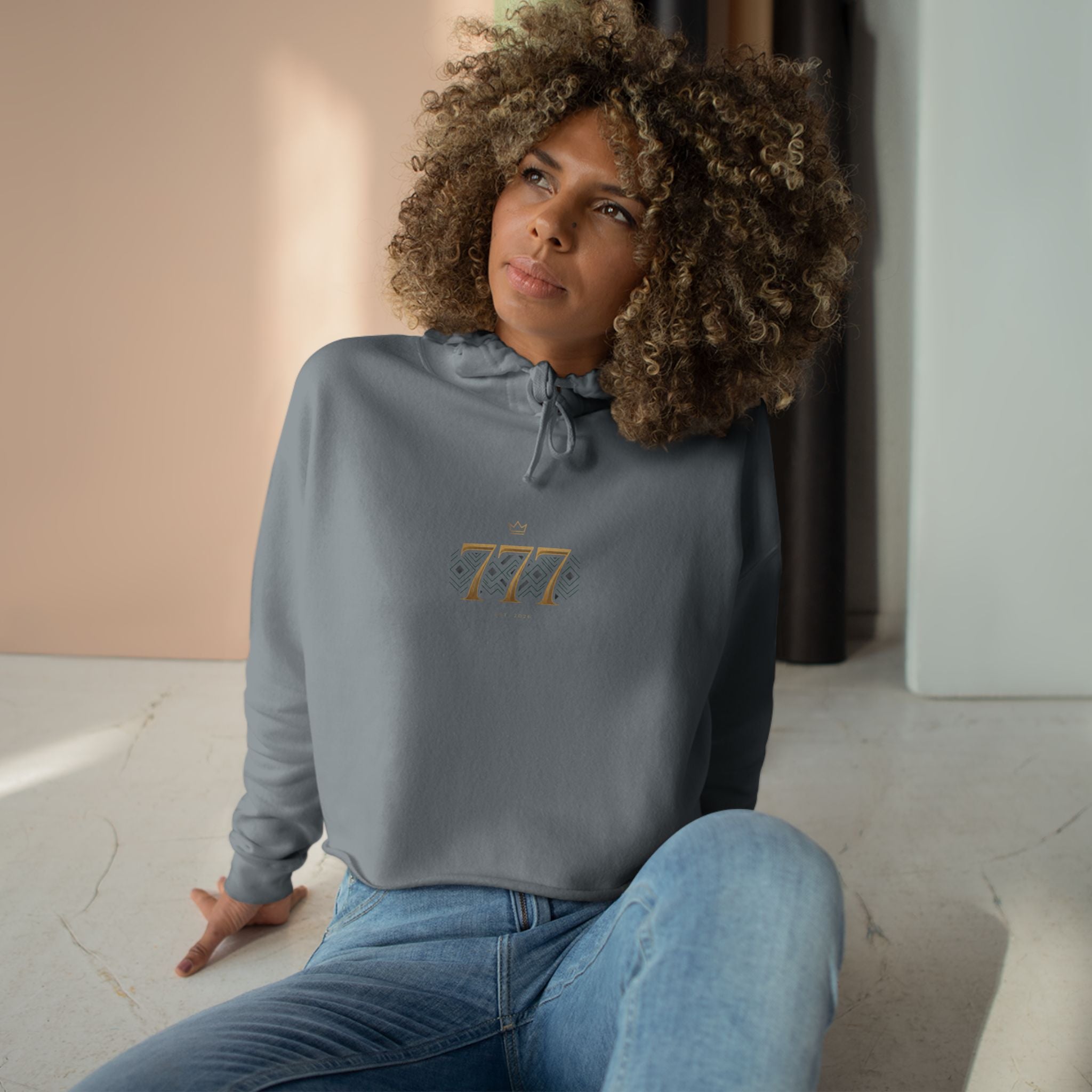Lucky 777 Cropped Hoodie — Minimal Gold Number Graphic